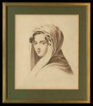 Aquarell Porträt der Johannette Louise Christiane Braun, geb. Lepsichler (1769-1825), von Johann Heinrich Pons, Kunstmaler in Stuttgart (1760-1839) von 1828, auf der Rückseite Angaben, 22 cm hoch x 16,5 cm breit, im Glasrahmen