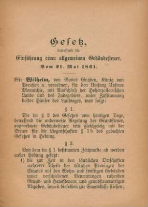 Gesetz, betreffend die Einführung einer allgemeinen Gebäudesteuer. Vom 21. Mai 1861.