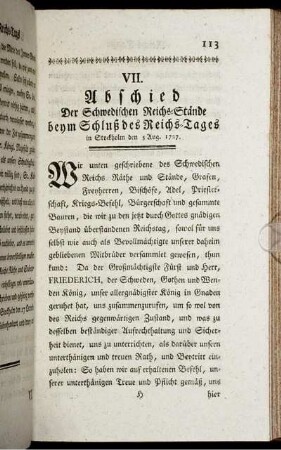 VII. Abschied Der Schwedischen Reichs-Stände beym Schluß des Reichs-Tages in Stockholm den 5 Aug. 1727.