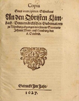 Copia eines intercipirten Schreibens an den Obristen Limbach