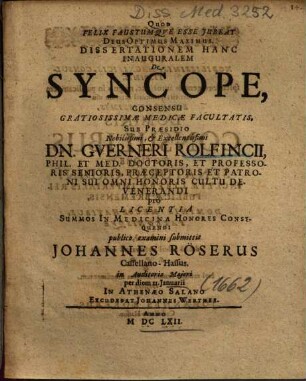 Dissertationem Hanc Inauguralem De Syncope