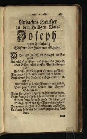 Andachts-Seufzer zu dem Heiligen Vater Joseph von Calasanz Stiftern der frommen Schulen