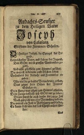 Andachts-Seufzer zu dem Heiligen Vater Joseph von Calasanz Stiftern der frommen Schulen