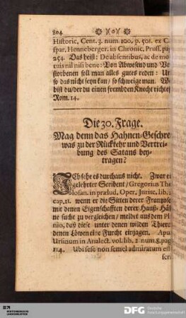 Die 30. Frage. Mag denn das Hahnen-Geschrey was zu der Rückkehr und Vertreibung des Satans beytragen?