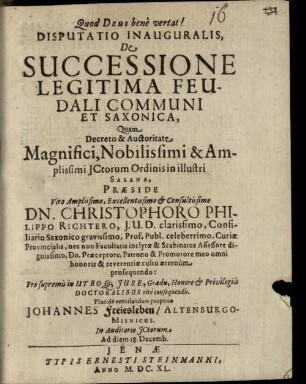 Disputatio Inauguralis, De Successione Legitima Feudali Communi Et Saxonica