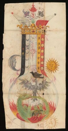 kolorierte Zeichnung: Phiole mit alchemischen Symbolen