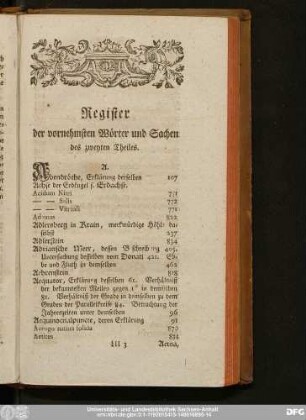 Register der vornehmsten Wörter und Sachen des zweyten Theiles.