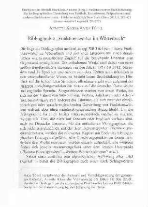 Bibliographie “Funktionswörter im Wörterbuch”