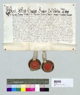 Das Domkapitel zu Regensburg verkauft an den Domherren Johann Görzfried den Domherrenhof in der Freiung. S1: Domkapitel, S2: Domdekan Johann Dausch