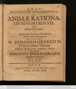 Disputatio Philosophica De Animae Rationalis Immortalitate