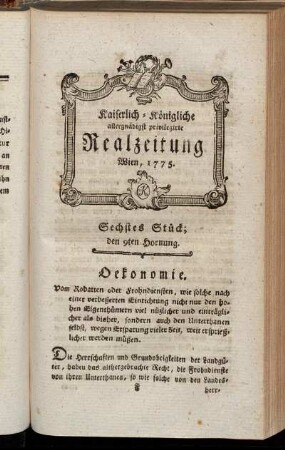 Sechstes Stück; den 9ten Hornung. Wien, 1775.