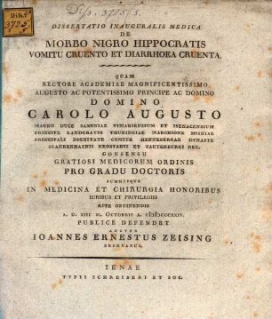 Diss. inaug. med. de morbo nigro Hippocratis, vomitu cruento, et diarrhoea cruenta