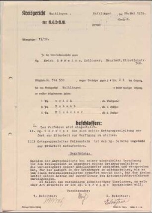 Verfahren gegen Erich Gerwins, Schlosser, Neustadt, wegen parteischädigenden Verhaltens