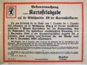 Bekanntmachung über die Abgabe von Karoffeln auf die Abschnitte 49 der Kartoffelkarte
