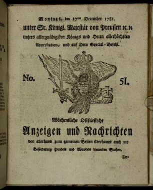 No. 51. Montags, den 17ten December 1781.