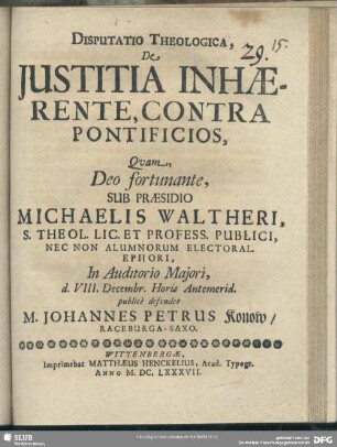 Disputatio Theologica, De Justitia Inhaerente, Contra Pontificios