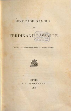Une page d'amour de Ferdinand Lassalle : récit-Correspondance-Confessions
