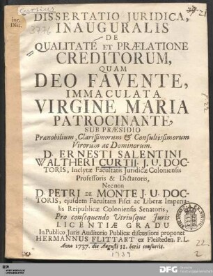 Dissertatio Juridica, Inauguralis De Qualitate Et Prælatione Creditorum
