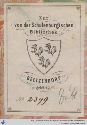 [Provenienz]: Schulenburgische Bibliothek Beetzendorf