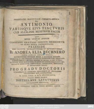 Dissertatio Inavgvralis Chemico-Medica De Antimonio Variisqve Eivs Tinctvris Cvm Alcalinis Menstrvis Factis