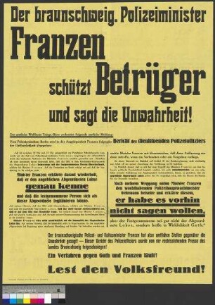 Propagandaplakat der SPD zum Ermittlungsverfahren der preußischen Polizei gegen den braunschweigischen Minister Anton Franzen (Verdacht der Begünstigung)