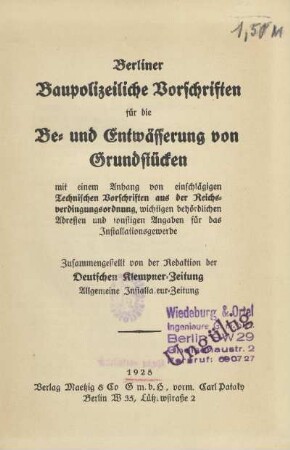 Stempel: Wiedeburg & Ortel. Ingenieure G.m.b.H.