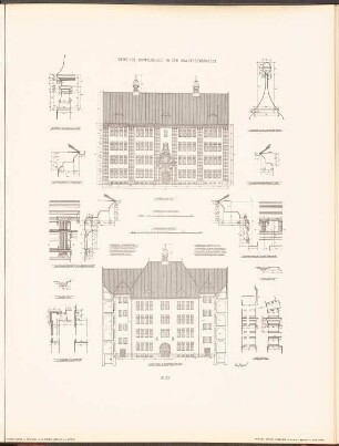 Gemeindeschule Waldenserstraße, Berlin: Ansicht von der Straßenseite, Ansicht von der Hofseite Quergebäude. Details (aus: Neubauten der Stadt Berlin, Bd. III, 1904)