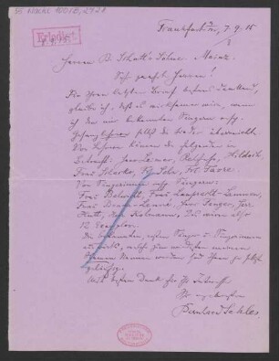Brief an B. Schott's Söhne : 07.09.1915