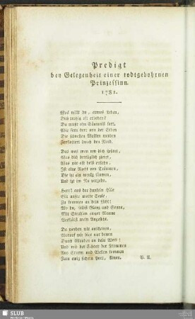 Predigt bey Gelegenheit einer todtgebohrnen Prinzessinn. 1781