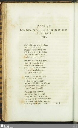 Predigt bey Gelegenheit einer todtgebohrnen Prinzessinn. 1781