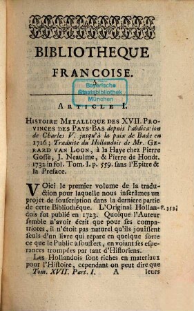 Bibliothèque françoise, ou histoire littéraire de la France, 17. 1732