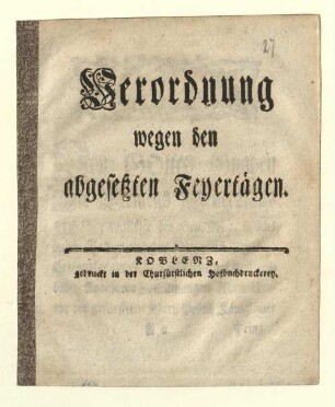 Verordnung wegen den abgesetzten Feyertägen