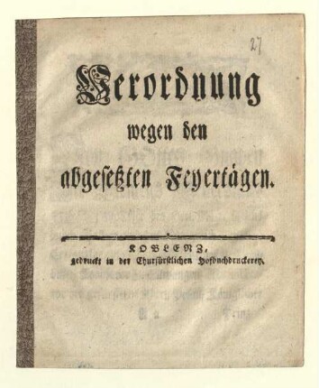 Verordnung wegen den abgesetzten Feyertägen