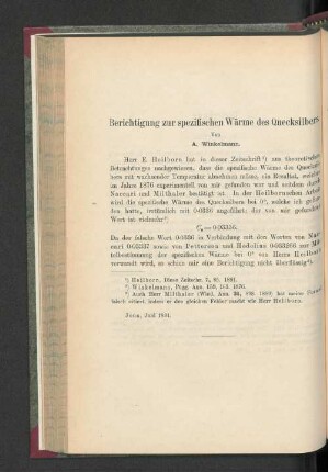 Berichtigung zur spezifischen Wärme des Quecksilbers.