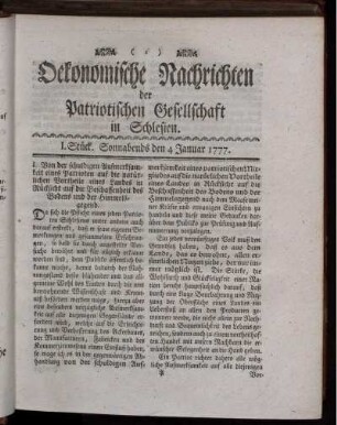 I. Stück. Sonnabends den 4 Januar 1777.