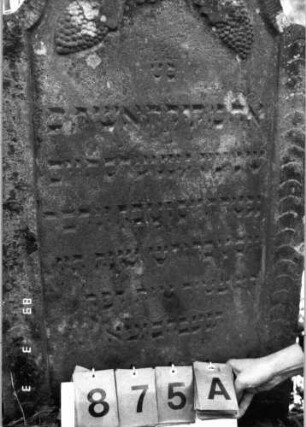 Grabstein 875 (Index: 99751208) Material: Sandstein Zustand: leicht verwittert Maße HxBxT: 120x64x12 cm Beschreibung: Stele, eingezogener Kilebogenabschluß Symbolik: Trauben mit Blättern: Grabstein 875A