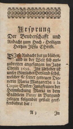 Ursprung Der Bruderschafft und Andacht zum Hoch-Heiligen Hertzen Jesu Christi.