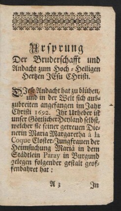 Ursprung Der Bruderschafft und Andacht zum Hoch-Heiligen Hertzen Jesu Christi.