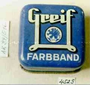 Blechdose für Schreibmaschinenfarbband "Greif FARBBAND" (Abbildung eines stilisierten Greifvogels)