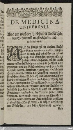 De Medicina Universali. Wie ein wahrer Liebhaber dieser hohen Geheimnüß muß beschaffen und gesinnet seyn