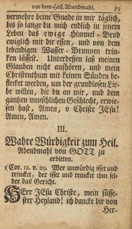 III. Wahre Würdigkeit zum Heil. Abendmahl von Gott zu erbitten.