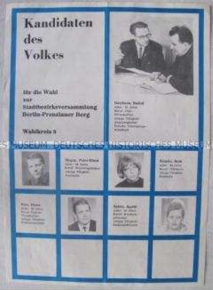 Flugblatt mit Porträts der Kandidaten für die Stadtverordnetenversammlung Berlin-Prenzlauer Berg
