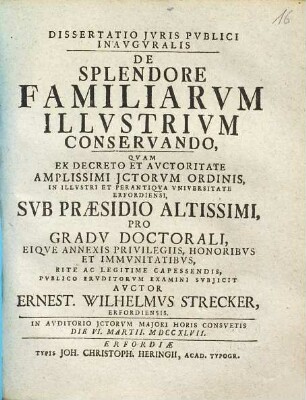 Dissertatio Juris Publici Inauguralis De Splendore Familiarum Illustrium Conservando