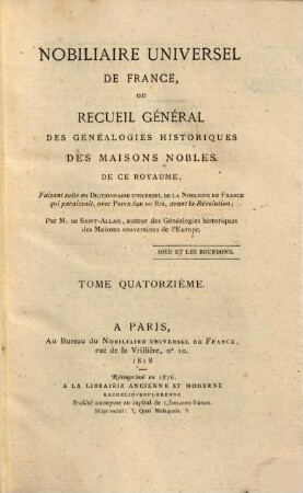 Nobiliaire universel de France, ou recueil général des généalogies historiques des maisons nobles de ce royaume, 14