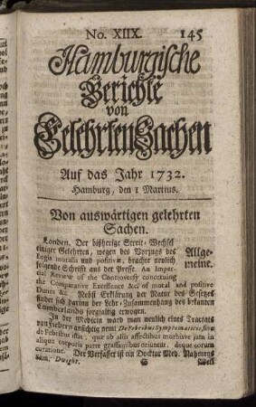 No. XIIX. Hamburg, den 1 Martius 1732 - No. XXVI. Hamburg, den 29 Martius 1732