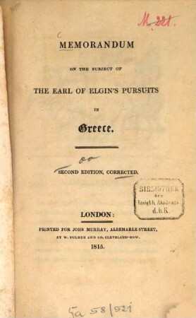 Memorandum on the subject of the Earl of Elgin's pursuits in Greece