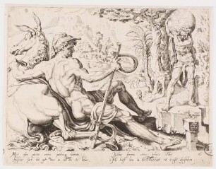 Issachar, reclining and holding the reins to a donkey and holding a yoke