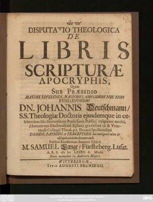 Disputatio Theologica De Libris Scripturae Apocryphis
