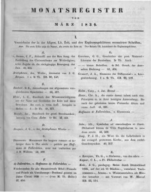 Monatsregister vom März 1839