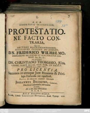 Dissertatio Inauguralis, De Protestatione Facto Contraria